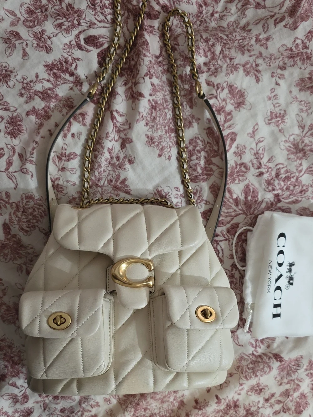 Coach Tabby Quilted Chalk Leather Shoulder Bag with Gold Chain Strap
